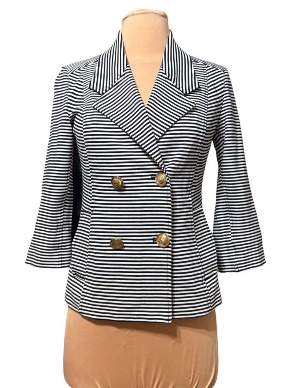 Cabi Striped Preppy Jacket XS Navy White Double Breast Button Classic Luxury EUC